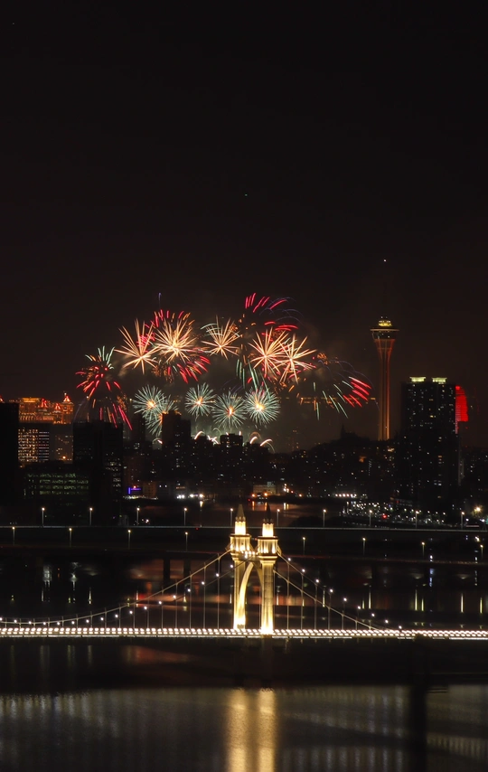 夜晚天空中烟花绽放 城市熠熠生辉。