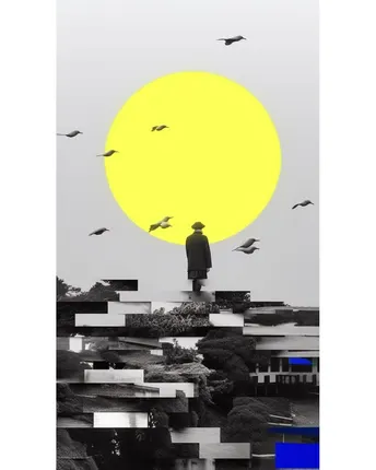 站在太阳前面的人 天空中飞翔着鸟。