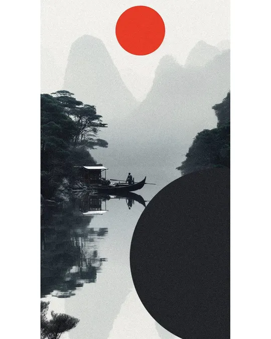 河上的船海报 背景是山和太阳