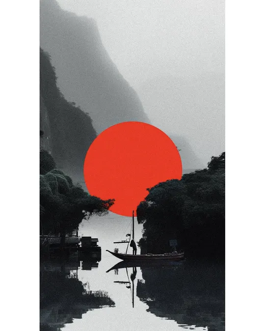 一张黑白海报 描绘了一个人在湖上的一艘船上 水面上有一个红色的圆圈。