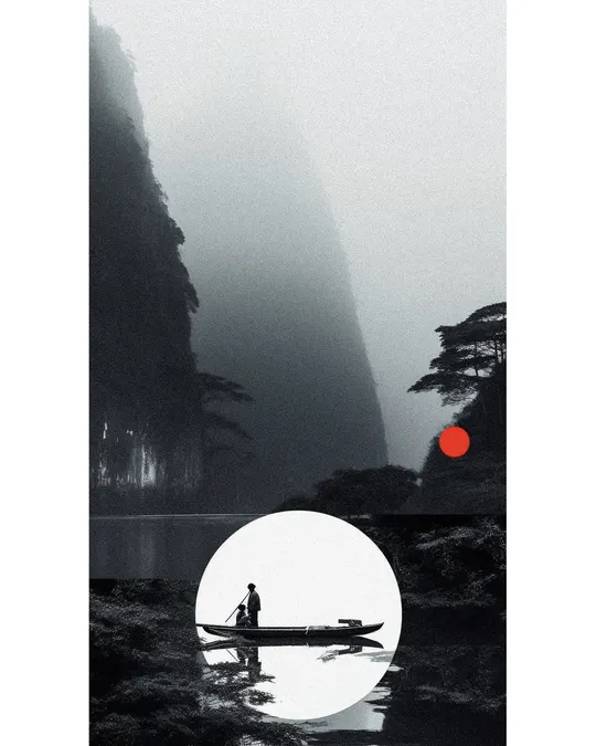 一张黑白照片 一位男子站在一艘船上 湖泊中。