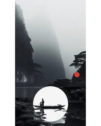 一张黑白照片 一位男子站在一艘船上 湖泊中。