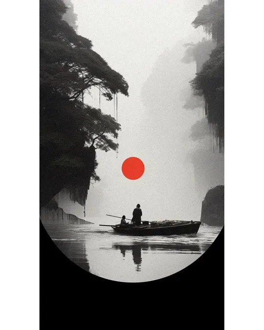 湖上的一艘船上的一个人物海报 背景是红日