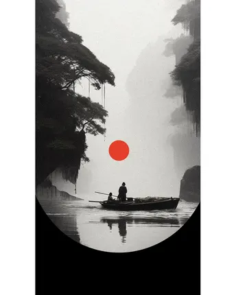 湖上的一艘船上的一个人物海报 背景是红日