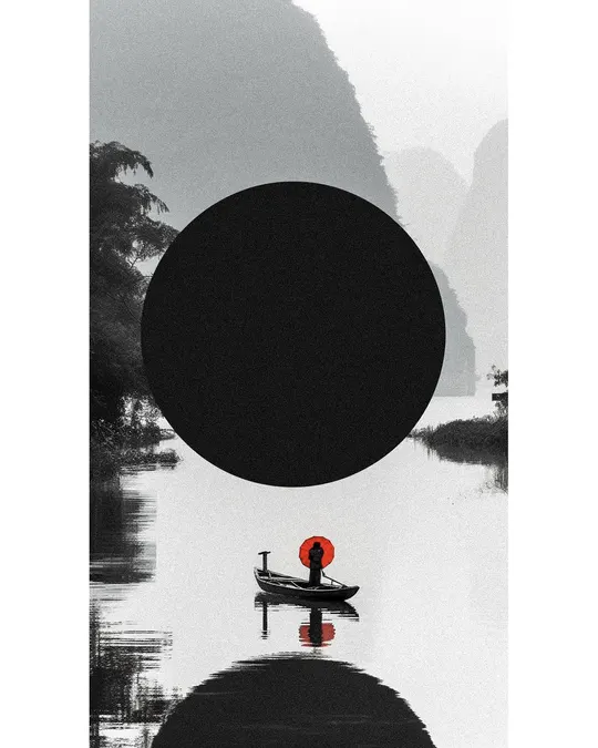 黑白海报 画有一艘小船和河上的一个男人