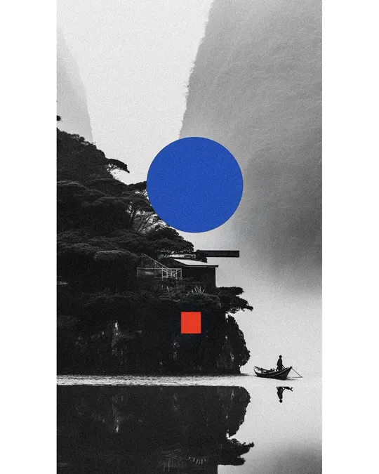 一幅黑白船只在湖上的画作 水中有一个蓝色的圆圈。