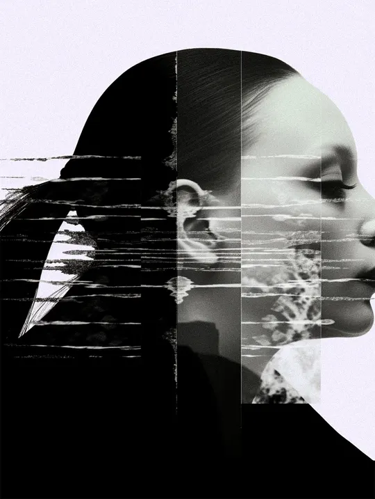 一幅黑白艺术作品 其中包含一位女性。