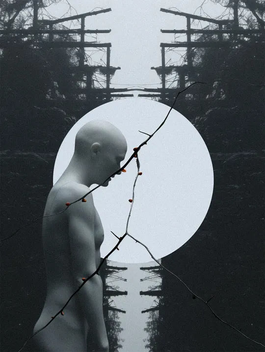 背景中有一个月亮的男性雕像