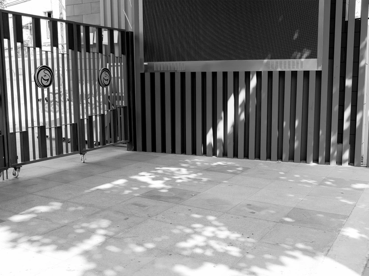 黑白照片 人行道 有大门和一棵树投下阴影