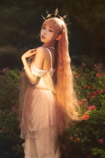 一位穿着白色连衣裙 长发飘飘的年轻女孩在花园里