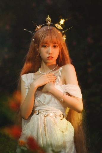 一位红发年轻女子穿着白色长裙头戴王冠在森林中的肖像