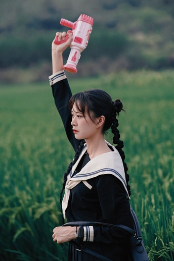 一位年轻女子手持一瓶水站在绿色草地上