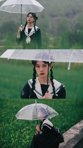 一位穿着黑色衣服的女士举着透明的伞遮在头上