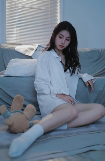 一个穿着白衬衫和袜子的年轻女子坐在床上抱着一只泰迪熊