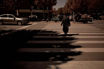 一个人穿越一个有汽车和树木的交叉口人行横道