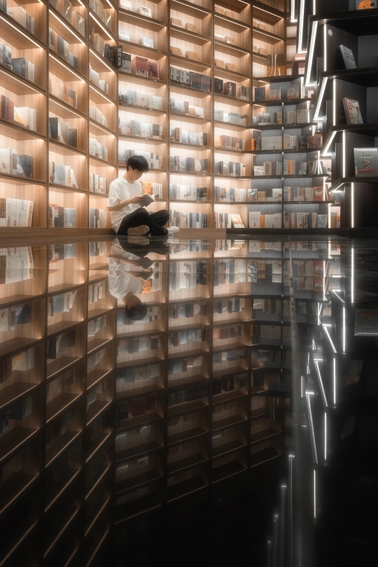 在光线昏暗的房间里 一个人正在阅读一本书 周围有一面书架。