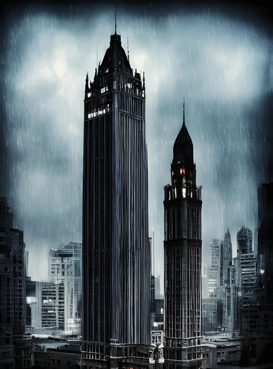 雨夜城市夜景 高建筑和钟楼