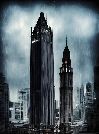 雨夜城市夜景 高建筑和钟楼