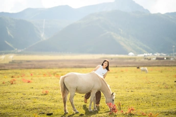 美丽的年轻女子骑着一匹白马在有山丘背景的田野中。