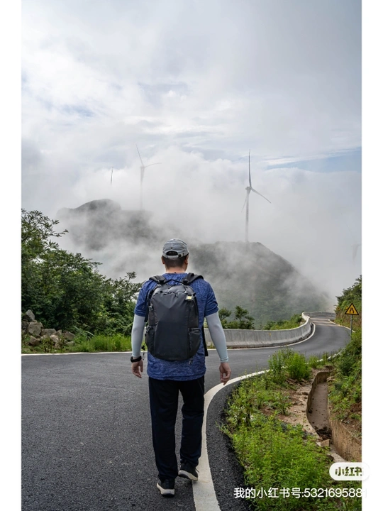 一个背着背包的男人站在公路上 正在注视着山上的风能发电机。