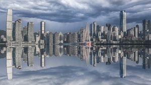 背景是摩天大楼的城市照片 以及建筑物在水中的倒影。