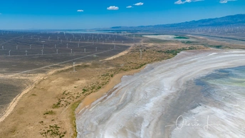 沙漠中的海滩和风力发电场 aerial view