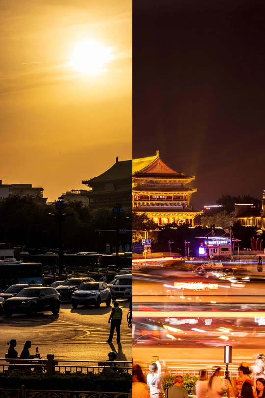 夜晚的城市图片 有来自太阳的光线 建筑物 汽车和人们。