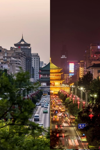 夜晚充满汽车和建筑的城市街道