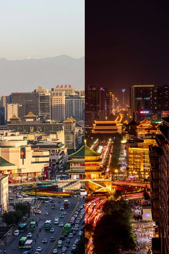充满许多高楼大厦和夜晚的许多灯光的大城市