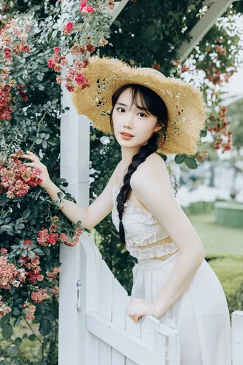 一位戴着草帽和白色连衣裙的美女站在围栏旁边 旁边有花。