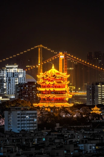 夜晚的城市 桥作为背景 被照亮了。