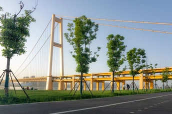 河上的一座吊桥 桥两侧有树。