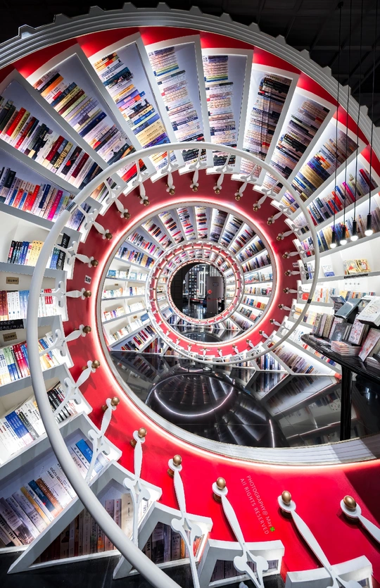 一个圆形的书架 书籍排列成一个圆形。