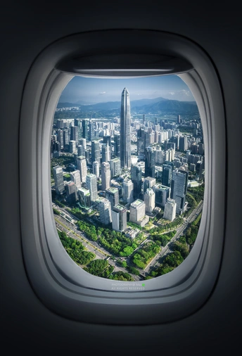 从飞机窗户看到的市区景观 天际线上的高楼大厦。