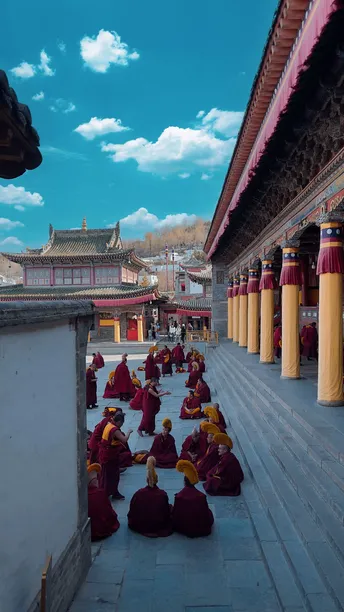 僧侣们穿着法衣坐在僧院 Courtyard 的一排