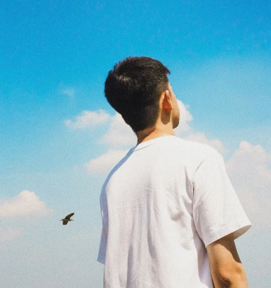 一位穿着白衬衫的年轻人正在看一只风筝在蓝天中飞翔。