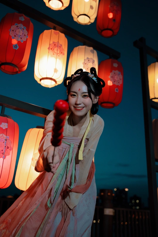 一位穿着中国传统服装的年轻女子在夜晚的节日上举着一个苹果在红色雨伞下摆姿势。