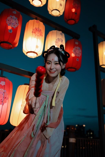 一位穿着中国传统服装的年轻女子在夜晚的节日上举着一个苹果在红色雨伞下摆姿势。