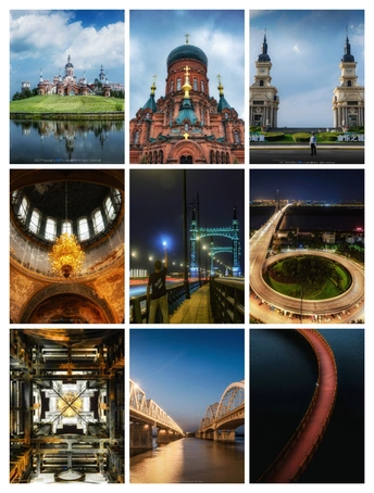 一个城市的夜景照片拼贴 包括桥和教堂。