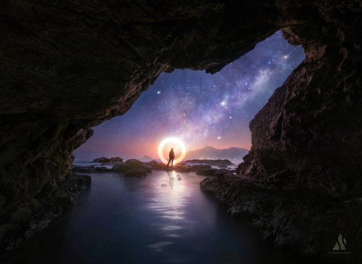 一个人站在洞穴里仰望天空中的星星 剪影。