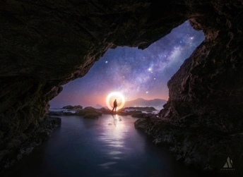 一个人站在洞穴里仰望天空中的星星 剪影。