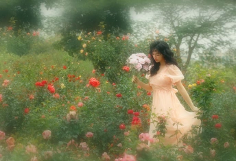 一位美丽的年轻女子穿着白色裙子在花园里摘粉色玫瑰 站在花田中。