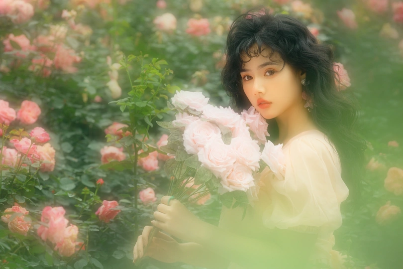 美丽的年轻女子手持粉色玫瑰花在玫瑰花丛中的照片