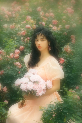 一位美丽的年轻女子手持一朵粉色玫瑰花 在玫瑰花丛中。