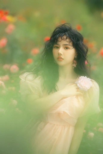 一个穿着粉红色裙子的美丽年轻女子站在花丛中