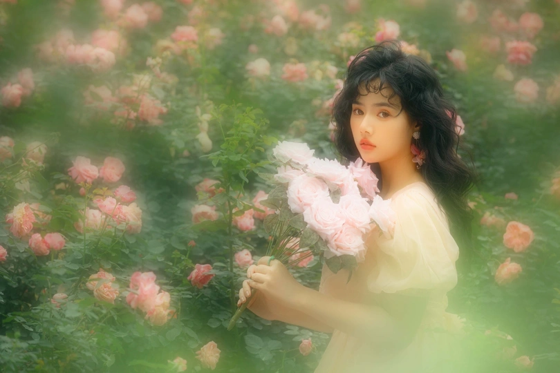 一位穿着连衣裙 散发着粉色玫瑰香气的美丽年轻女子在花园里。