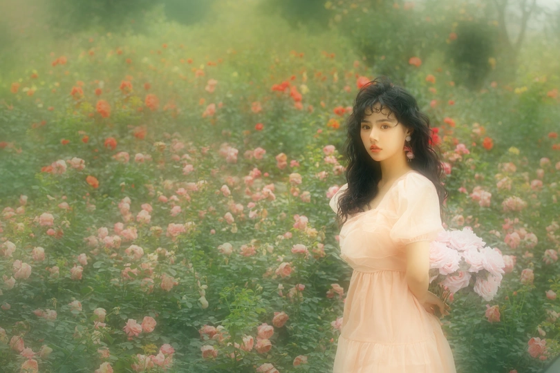 一位穿着白色连衣裙的年轻女子在田野中拿着粉色花朵