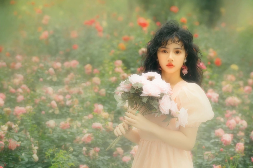 美丽的年轻女子在田野中闻着粉色花朵的照片 由<人名>拍摄。