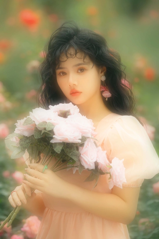 美丽的年轻女子穿着粉色裙子 手里拿着一束花。