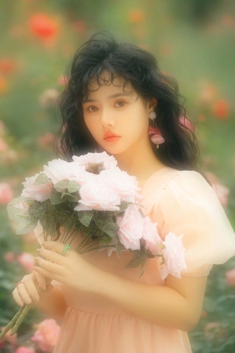 美丽的年轻女子穿着粉色裙子 手里拿着一束花。